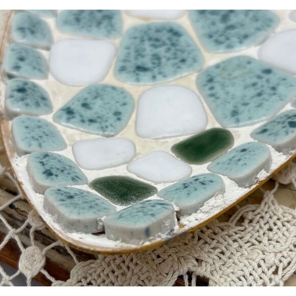 Vintage MCM Brass and Mosaic Tile Trinket Dish Blue White - Picture 3 of 6